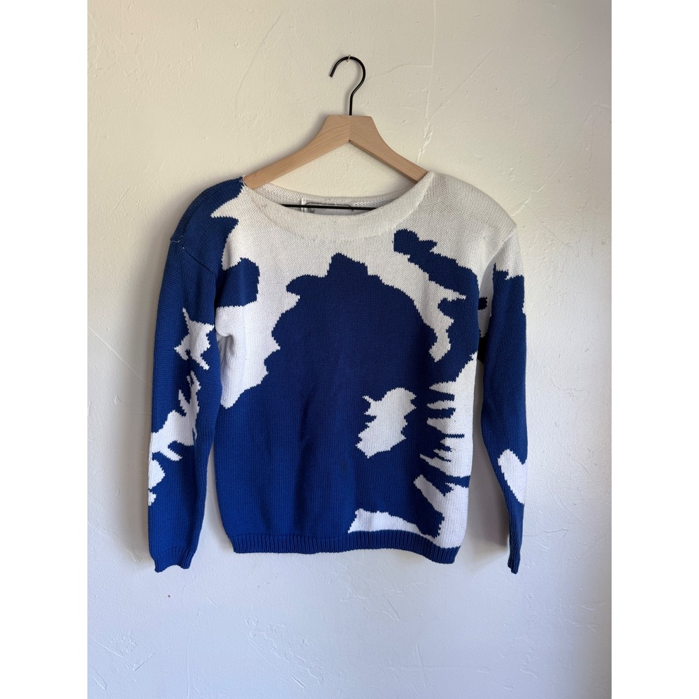 Vintage Adrienne Vittadini Blue White Abstract Cotton Intarsia Sweater 80s